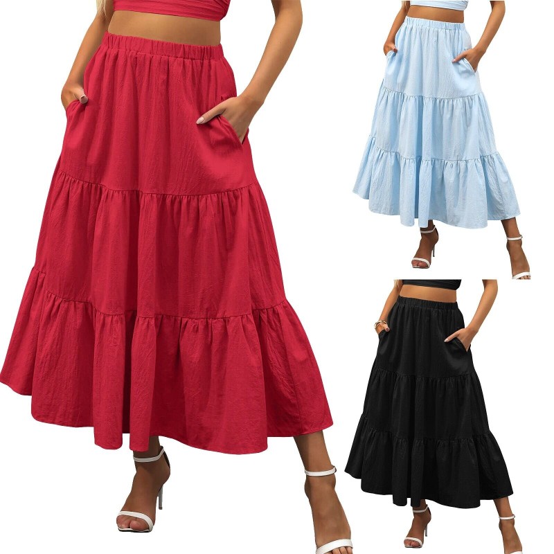 Women Boho Elastic Waist Pleated A-Line Flowy Swing Tiered Long Skirt Dress