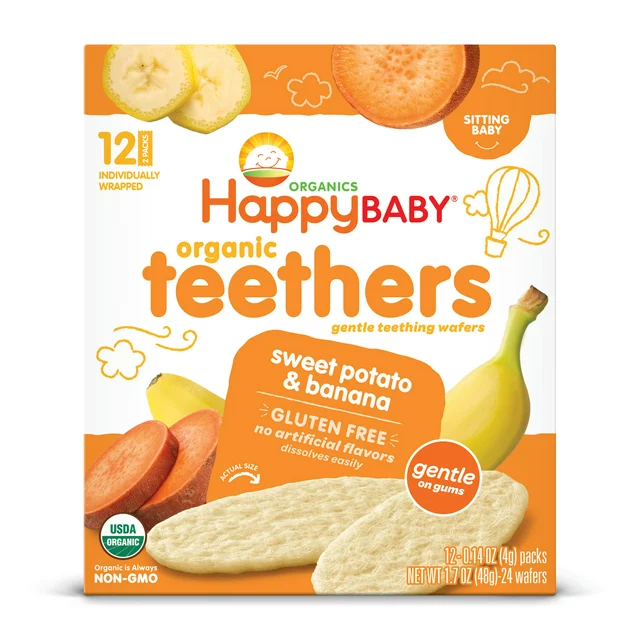Happy Baby Organics Teethers, Sweet Potato & Banana Organic Gluten Free Gentle Teething Wafers, Box of 12-2packs (24 wafers)