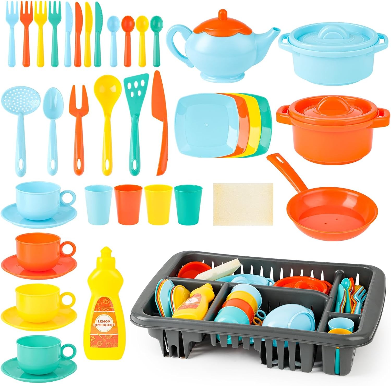 deAO 41PCS Kids Play Dishes Pretend Play Kitchen Set for Kids Children Tableware Dishes Playset with Drainer - Play Kitchen Accessories for Girls Boys Kids