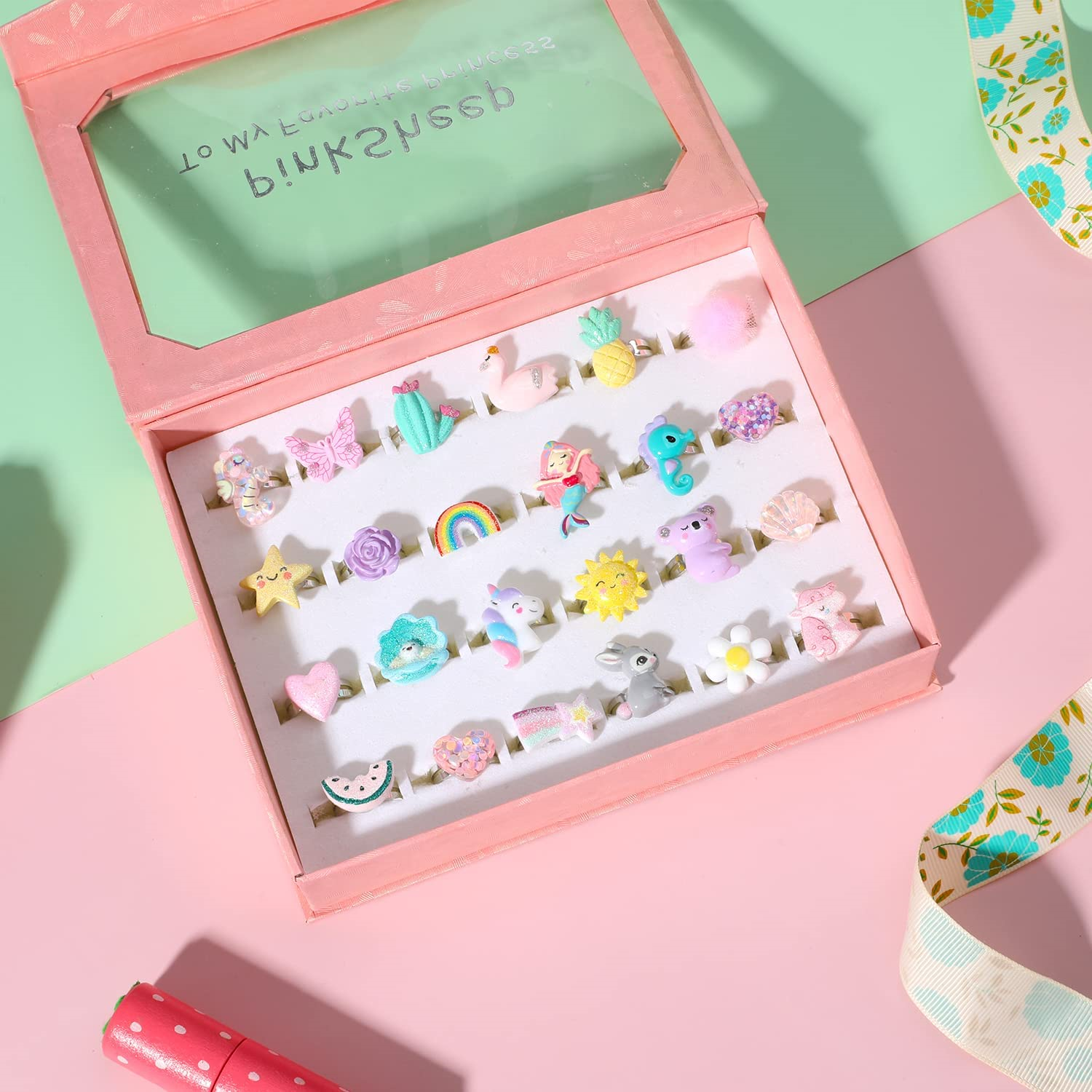 PinkSheep Little Girl Jewel Rings in Box, Adjustable, No Duplication, Girl Play