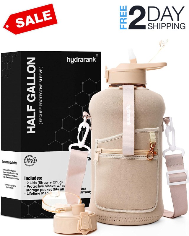 Half Gallon Water Bottle with Storage Sleeve and Straw Lid - 2.2 Liter Large Wat